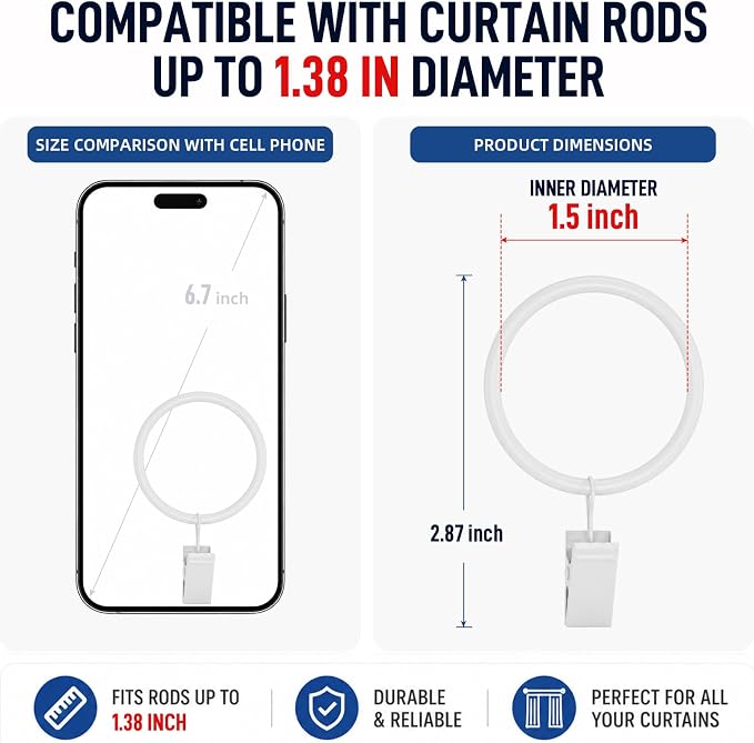 Lansian 44 Pack Curtain Rings with Clips Hooks 1.5 in Diameter Rustproof | Metal Stainless Steel Drapery Rings for Tension Rod Bracket Eyelets Decorative Hanger, Fits 1.38 in Rods, White