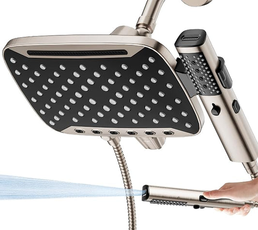 JDO High Pressure Rain Shower Head with Handheld Spray Brushed Nickel | 7 Modes Dual Shower Head, 10-inch Rainfall Showerheads Combo, Detachable Hand Held Shower Wand, Power Jets, 71" Shower Hose