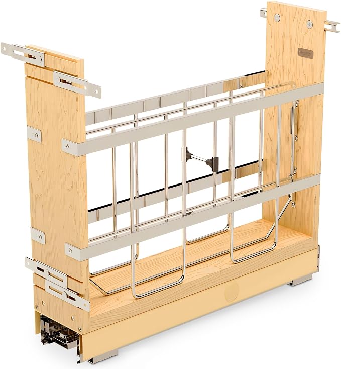 Rev-A-Shelf Pullout Bakeware Organizer w/Soft-Close, Min Opening 5.5" Wide | Wooden Storage Organization w/ Ball Bearing Slides, Full Height Base Kitchen Cabinets, Foil Wrap/Tray Divider, 447-BCBBSC-5C