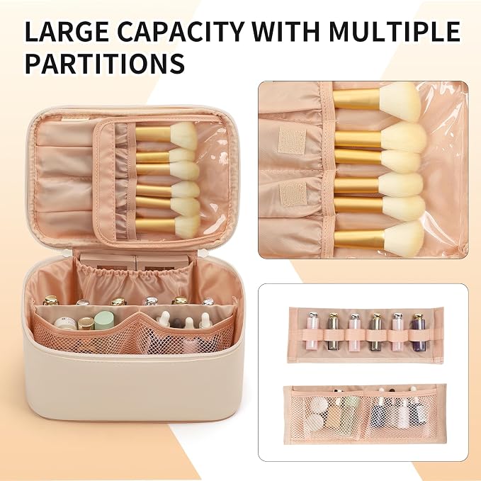 Beige Makeup Bag,Travel Makeup Organizer Bag, Large Capacity Cosmetic Bags For Women Large Travel Toiletry Bag Girls Traveling With Brush Slot And Divider-White