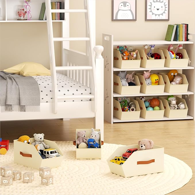 Large Closet Storage Cubes - Closet Storage Bins with Dual Handles for Clothes, Towels, Toys, Shelf Organizer Bins for Bedroom, Nursery, Shelves, Small Spaces, Beige, 3 Pack