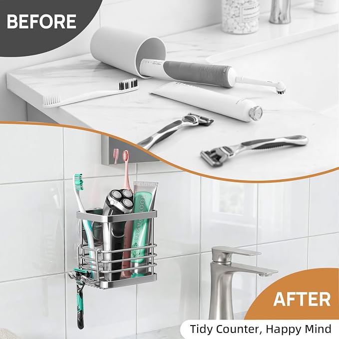 Powerful Suction Cup Stainless Steel Toothbrush Holders, Silver | Removable Shower Tooth brush and Toothpaste Holder, Strong Suction Up to 11lbs, Anti-Puddling ,No Drill Bathroom Organizer