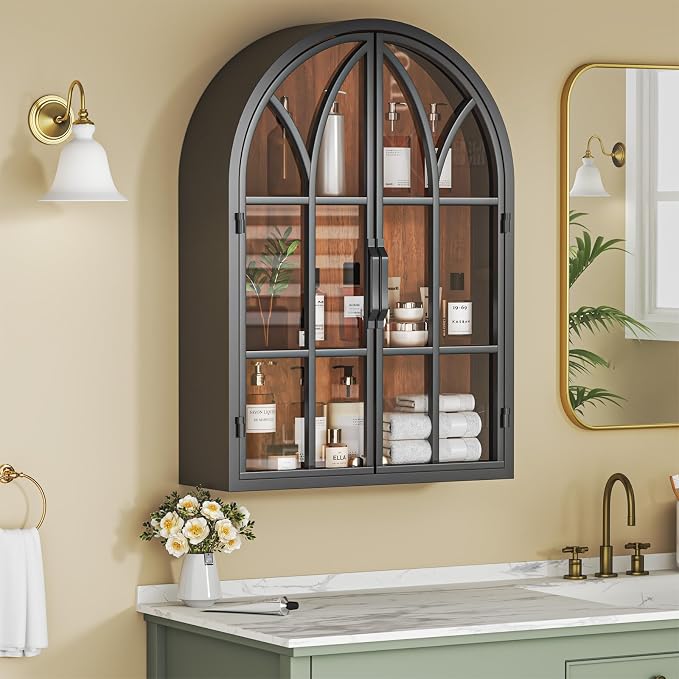 Arched Wall Cabinet with Glass Door, NO Assembly, Metal Wooden | Metal Frame, 12MM Wooden Shelves, Handcrafted Arched Design, 40-lb per Tier, 5MM Tempered Glass, for Bathroom Wall Medicine