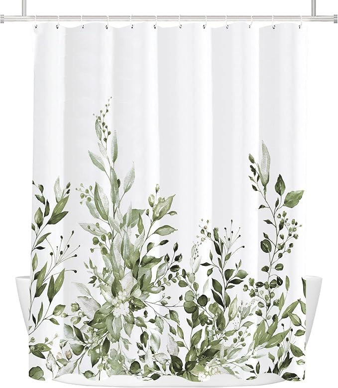Tititex Olive Green Eucalyptus Shower Curtain Sets, Watercolor Leaves Plant with Floral Bathroom Decoration 71x71 Inch with Hooks