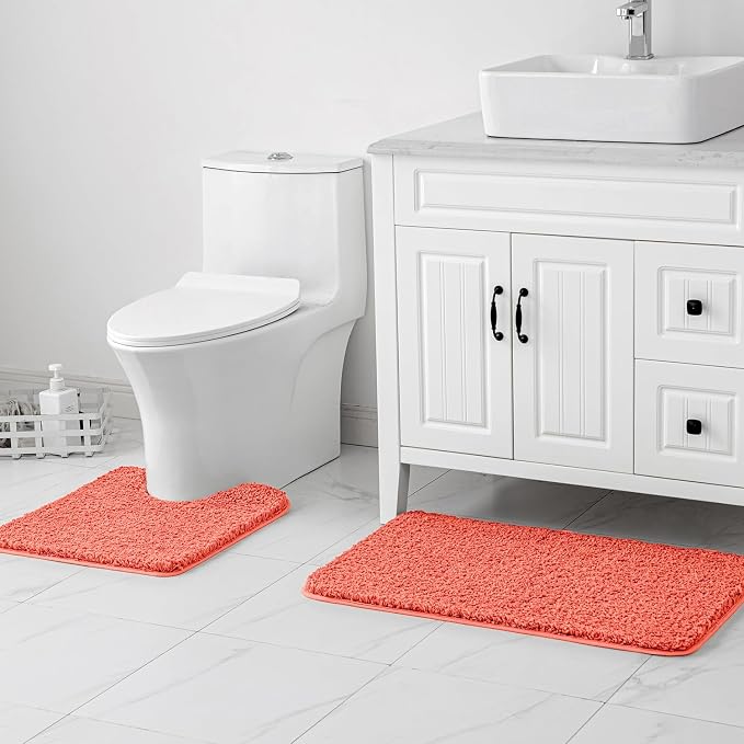 MIULEE Living Coral Microfiber Toilet Bath Rug U-Shaped Contour 20x24 Inch | Absorbent, Non Slip, Quick Dry, Fluffy Bath Rugs for Bathroom Floor Tub Showers, Machine Washable