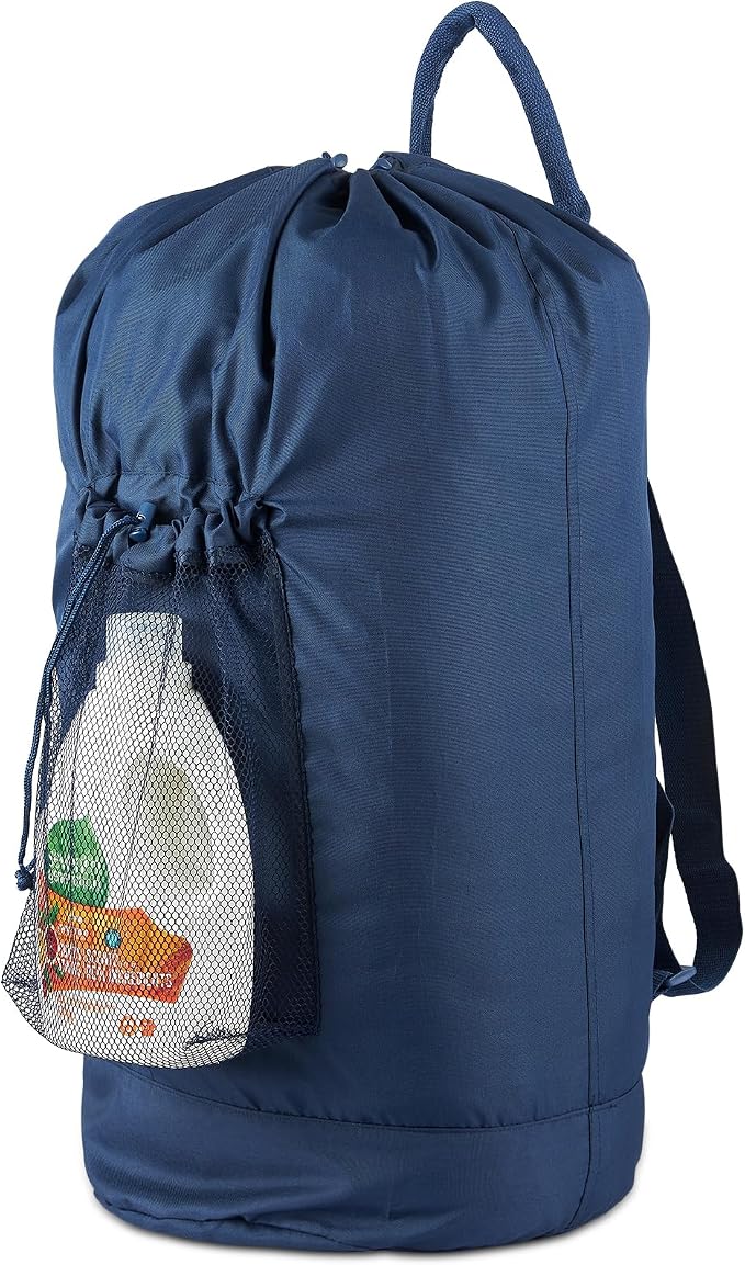 Seiritex Laundry Bag Backpack with Detergent Holder and Adjustable Shoulder Straps, Clothes Laundry Backpack for College, Travel, Apartment, Laundromat, Dorm Room (Blue)