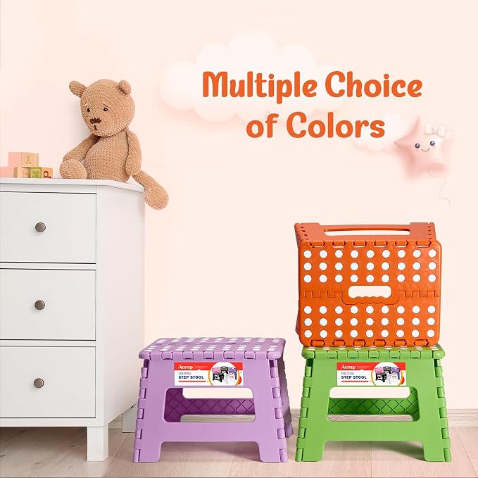 Folding Step Stool 9 Inch for Kids and Adults, 300 lbs, Orange | Lightweight Plastic Small Foldable Step Stool with Handle, Non-Slip, for Kitchen, Bathroom, Bedroom and Closet