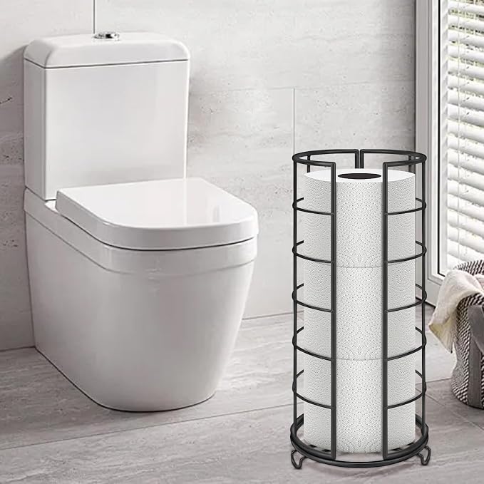 NearMoon Toilet Paper Organizer Stand, Free Standing 3 Rolls Tissue Storage, Metal Bathroom Accessory, Rustproof Toilet Roll Holder for Kitchen Countertop Inside Cabinet Shelf(Metal Base, Matte Black)