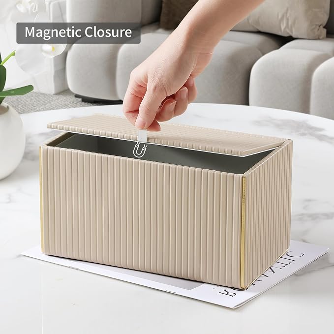 Extra Large Rectangle PU Leather Tissue Box Cover with Magnetic Closure, Decorative Tissue Holder & Storage Container for Bedroom, Living Room, Dining Room, Bathroom, Countertop, Desk & Office (Beige)