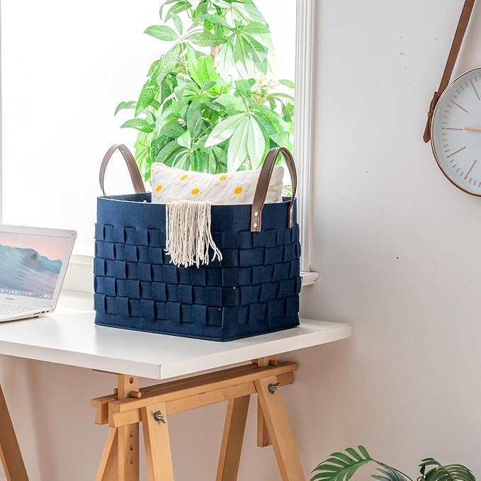 Blankets Basket 16.5 " x13 x13 , Extra Large Rectangular Laundry Hamper with Leather Handle, Soft Dog Toy Basket for Storage-Navy Blue