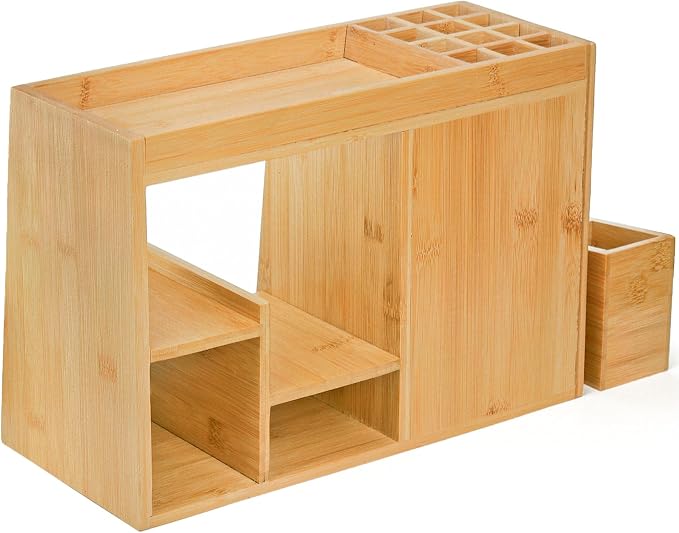 Elsjoy Large Countertop Bamboo Makeup Organizer with 3 Drawers, 12-Grid Lipstick Holder, Jewelry Hanging Hooks, Makeup Brush Holder, Desktop Wood Cosmetic Organizer Stand for Vanity