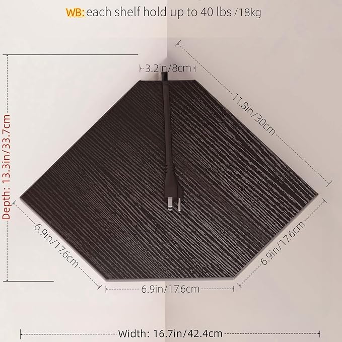 JJL Corner Shelves, 12 Inch Corner Shelf Wall Mounted with Wire Hole, 2 Tier 13.3 Inch Deep Wooden Corner Hanging Shelving for Wall Storage, for Speaker, Cable Box, Black