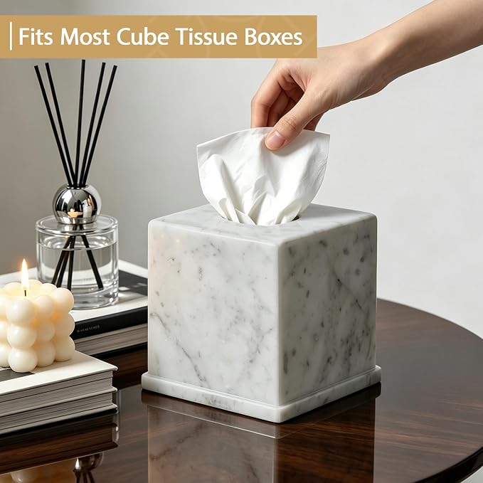 Natural Marble Tissue Box Cover, Carrara White Tissue Organizer 6 x 6 x 5.7 inch, Heavy Stone Decorative Box, Square Tissue Box Holder for Home Decor, Kitchen, Bathroom, Bedroom