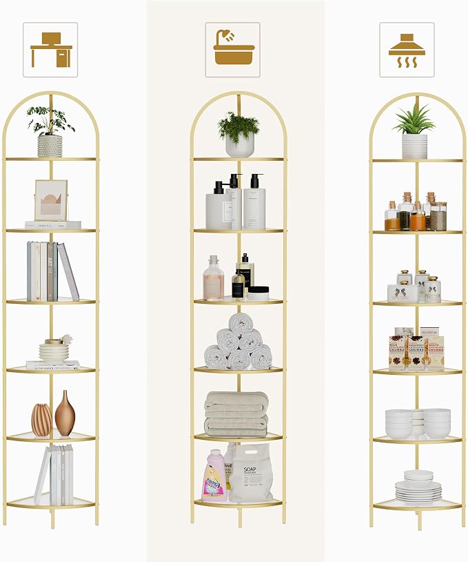 Homhedy 6-Tier Gold Corner Shelf Stand, Metal Corner Bookshelf | Display Shelf, Tempered Glass Shelves, Plant Stand, Storage Rack Shelf for Bedroom, Living Room, Home, Office, Gold