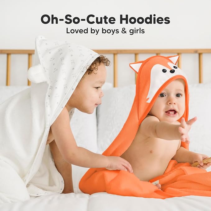 KeaBabies Hooded Baby Towel for Newborn, Baby Bath Towels (Fox, 30x30) | Viscose Derived from Bamboo, Large Baby Towels with Hood, Boys, Girls, Toddler, Soft Absorbent Baby Bath Essentials