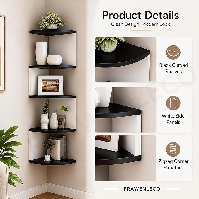 No-Drill Corner Shelf Wall Mount, 5-Tier Floating Corner Bookshelf with Hooks, Space-Saving Zigzag Plant Shelf for Bedroom, Living Room, Bathroom, Home Office(Black & White)