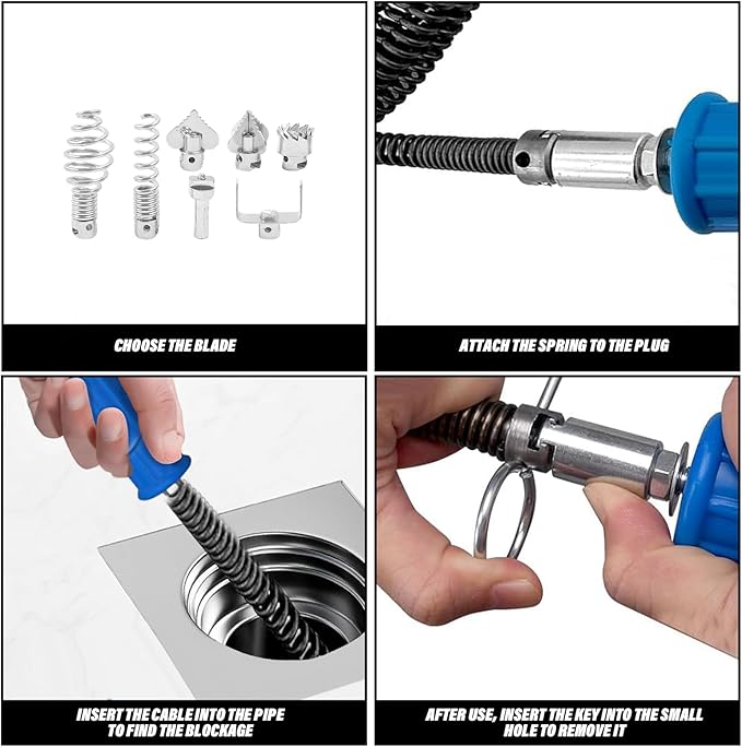 20ft x 1/2" Drain Snake Plumbing Pipe Cleaning Cable w/ 6 Cutters | Heavy-Duty Stainless Steel, Manual & Powered Adapter, Auto Feed, Hollow Core Design, Interchangeable Blades, for Sinks & Tubs