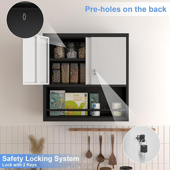 Garage Locking Cabinet, Wall Storage Cabinet with Shelves, Hanging Cabinets with Open Storage, Small Wall Cabinet, Lockable Tool Cabinet for Basement, School, Office