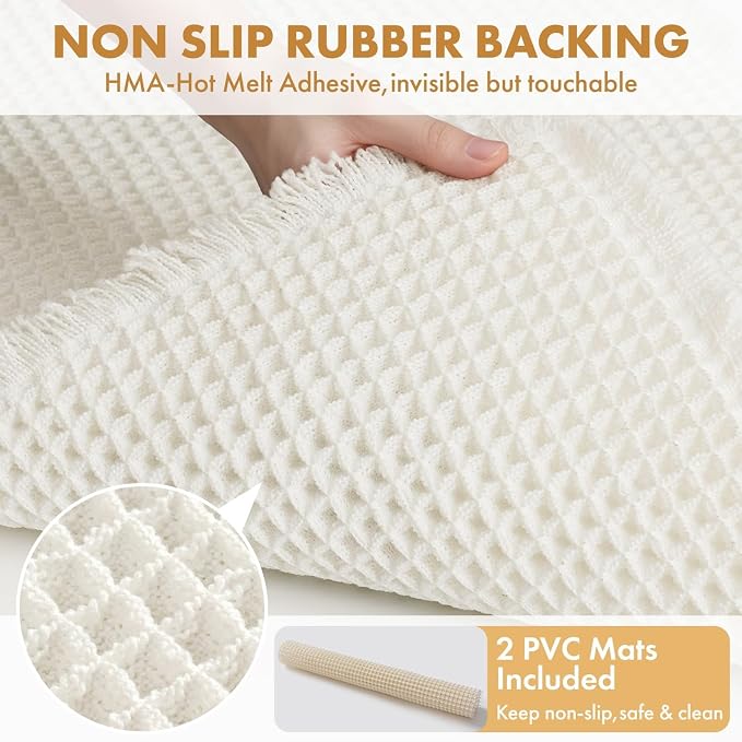 MIULEE Set of 2 Waffle Bathroom Rugs Boho Bath Mat White 20x32 Inch | Non Slip, Super Absorbent, Washable, Ultra Soft, Rubber Backed Bath Rugs for Bathroom Floor Tub Shower