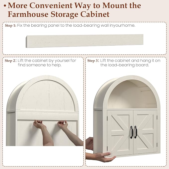 Arched Bathroom Wall Cabinet, Rustic White Farmhouse Cabinet, 23.6 x 28.7'' | Medicine Cabinet with Barn Door and with Adjustable Shelf, Wooden Storage Cabinet Wall Mounted for Bathroom Laundry Room