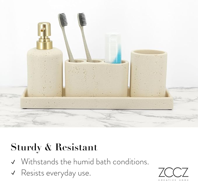 -Beige Bathroom Accessories Set 4 Pcs - Toothbrush Holder, Soap Dispenser, Vanity Tray, Bathroom Tumbler - Countertop Vanity Organizer - Bathroom Accessory Set- Toothbrush Holder Set, Stone Sets