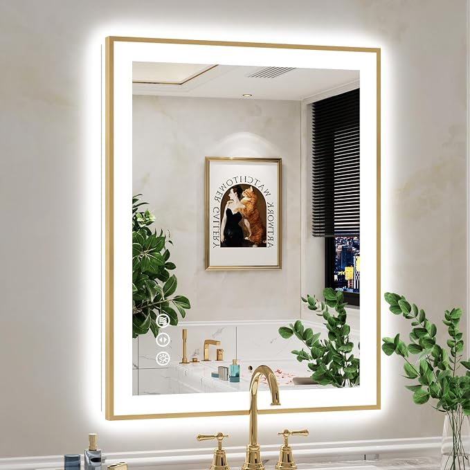28x36 LED Bathroom Mirror with Lights, Gold Framed Lighted Mirror | Backlit and Front light, Anti-Fog, 3 Color Dimmable, Memory, Tempered Glass, IP54 Waterproof, UL Listed