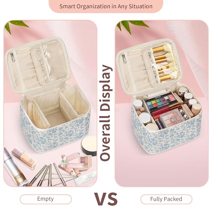 Travel Makeup Bag, Cosmetic Bags for Women Makeup Case Organizer Large Capacity Travel Toiletry Bag Storage Bags with Divider and Handle for Cosmetics Toiletries Brushes Tools-Blue Floral