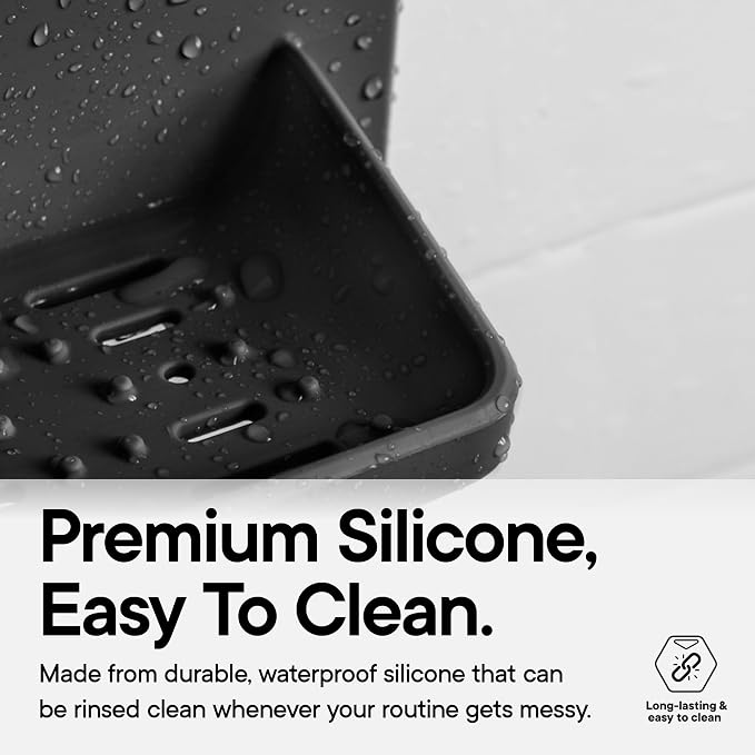 TOOLETRIES The Benjamin Soap Holder for Shower - Charcoal | Draining silicone soap holder with a reusable adhesive mount to keep soap dry and organised.