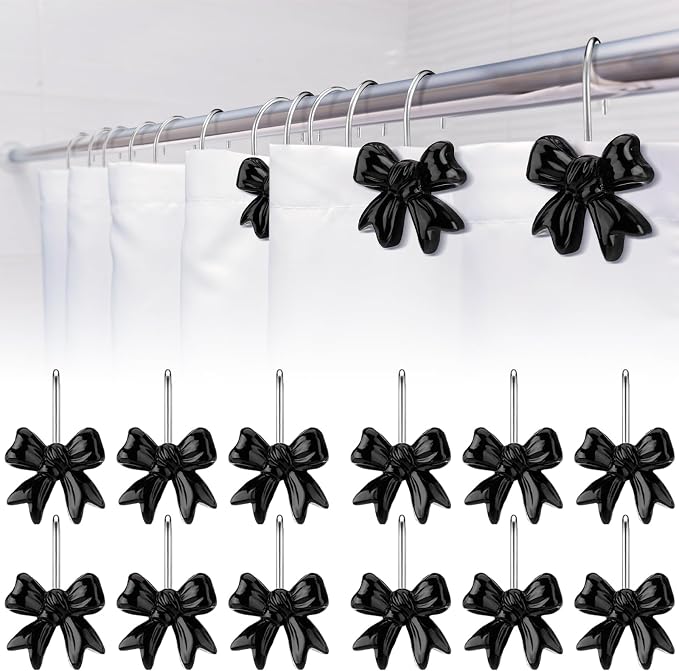 Yaocom 12 Pcs Black Bow Shower Curtain Hooks Christmas Rustproof Metal | Decorative Bow Knot Design Rings, Smooth Glide, Bulk Set for Bathroom Bedroom Living Room Art Decor, Classic Style Hangers