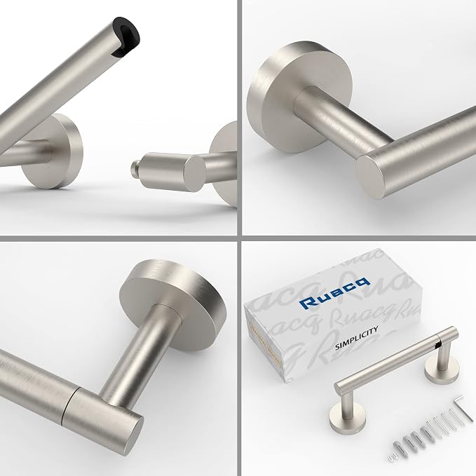 RUACQ Brushed Nickel Toilet Paper Holder Wall Mount for Bathroom | Dual-Post Pivoting Tissue Roll Holder with Round Base, 304 Stainless Steel, Rustproof, Screw-in, for Hotels & Apartments