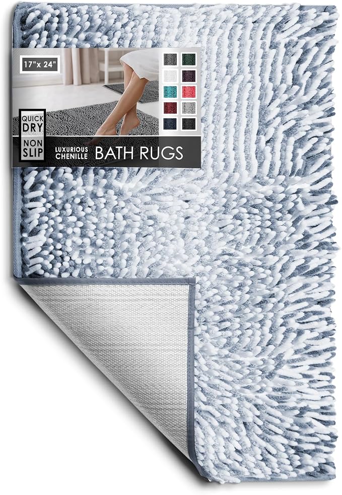Hearth & Harbor Bathroom Rugs, Chenille Bath Mat - Machine Washable Bath Mats for Bathroom Non-Slip Backing Rubber, Quick Dry Bathroom Mat, 17 x 24 - Ombre Blue