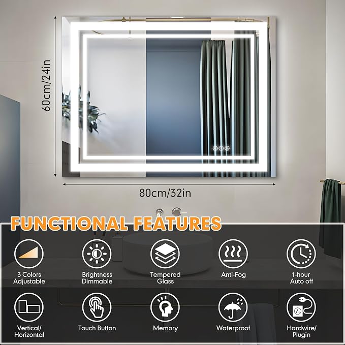 24"x32" LED Bathroom Mirror with Lights, Backlit + Front Lit Smart Bathroom Vanity Mirror, Anti-Fog, Stepless Dimmable, Memory Function, Shatterproof Tempered Glass for Wall