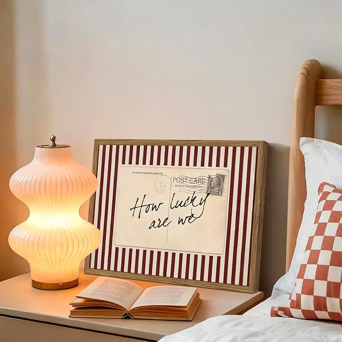 Vintage How Lucky Are Wall Art Preppy Postcard Striped Wall Decor Picture, Trendy Inspirational Quote Poster Canvas Print Picture for Living Room Bedroom 12x16 inch Wood Framed