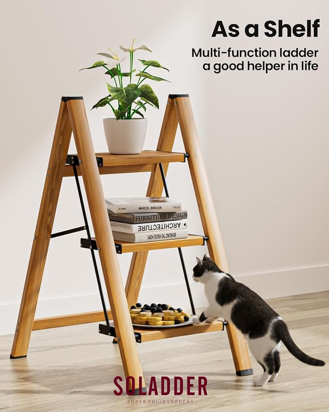 3 Step Ladder, Lightweight Folding Step Stool, Woodgrain | Anti-Slip 7.9'' Wide Pedal;Space-Saving;For Kitchen, Home, Library, Office Use;300lbs Capacity