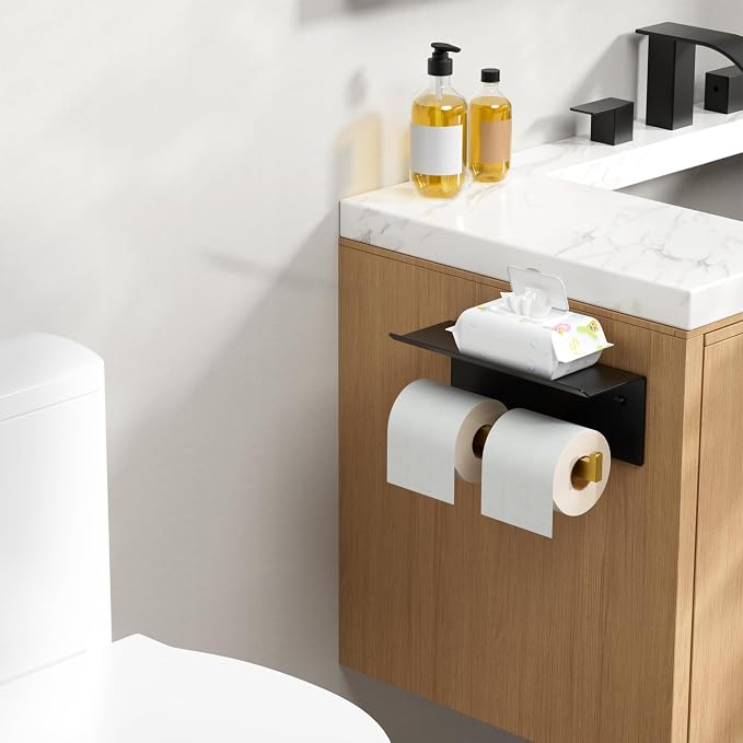 FORIOUS Toilet Paper Holder with Shelf, Commercial Toilet Paper Dispenser | Black & Gold | SUS304 Stainless Steel Wall Mount Double Bathroom Tissue Roll Holder for Hotel, Apartments, etc