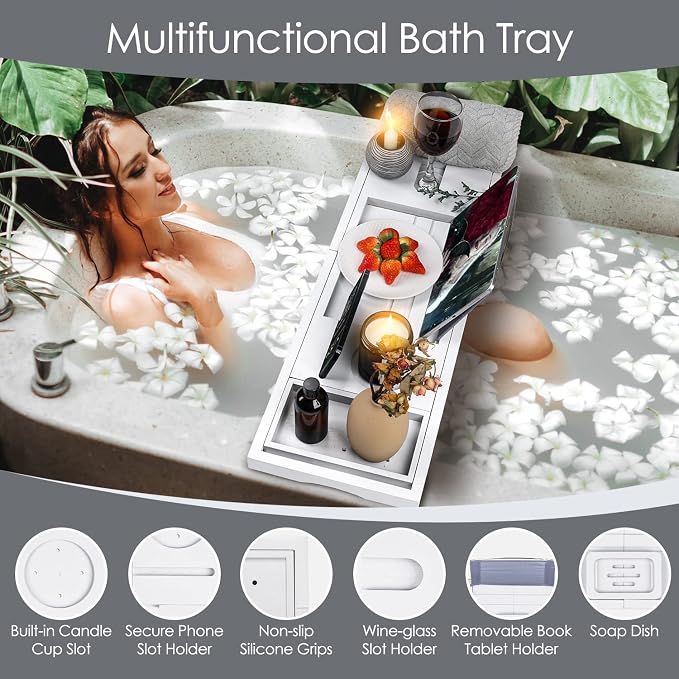 Foldable Bathtub Tray Caddy with Soap Dish Adjustable 29.5-43''White | Bamboo Bath Table Trays with Non-slip Pads, Wine Glass Holder, Adjustable Tablet Book Stand, Spa Bath Essentials Organizer