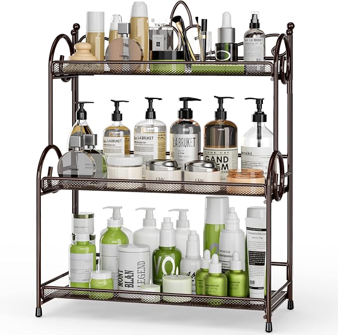 EKNITEY Bathroom Organizer Shelf Countertop - 3 Tier Spice Rack No Assembly | Kitchen Counter Organizer, for Skincare Makeup Vanity, Sturdy Metal Frame, Easy to Clean, Space-saving, Foldable, Brown