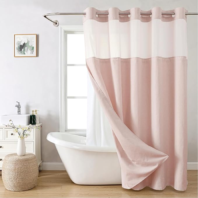 eachope No Hook Linen Texture Shower Curtain with Snap-in Liner,71x86 Blush | Extra Long,230GSM Thick Fabric,Hotel Luxury Decor,Mesh Top Window,Bottom Magnetic,Waterproof & Machine Washable,for Bathroom