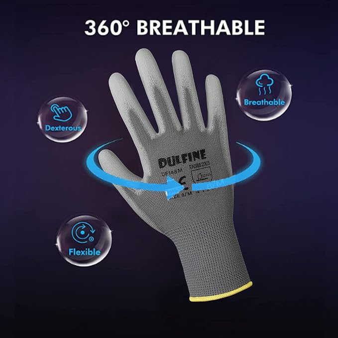 DULFINE Safety Work Gloves for Men & Women, PU Coated Seamless Knit Grip | Smooth Grip on Palm & Fingers, Ideal for Light General Duty Work, Gardening, Landscaping, Construction, Mechanic, Warehouse