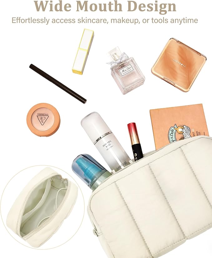 2 Pcs Makeup Bag Travel Toiletry Bag for Women Puffy Padded Cosmetic Pouch Purse Wide-open Makeup Organizer Case Travel Essentials