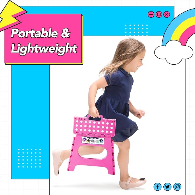 Delxo Folding Step Stool 11 Inch,300 Lbs Step Stool for Kids & Adults Pink | Foldable Step Stool 11",Non-Slip Foot Stools with Handle,Lightweight Collapsible stools for Kitchen,Bathroom,Bedroom,Garden