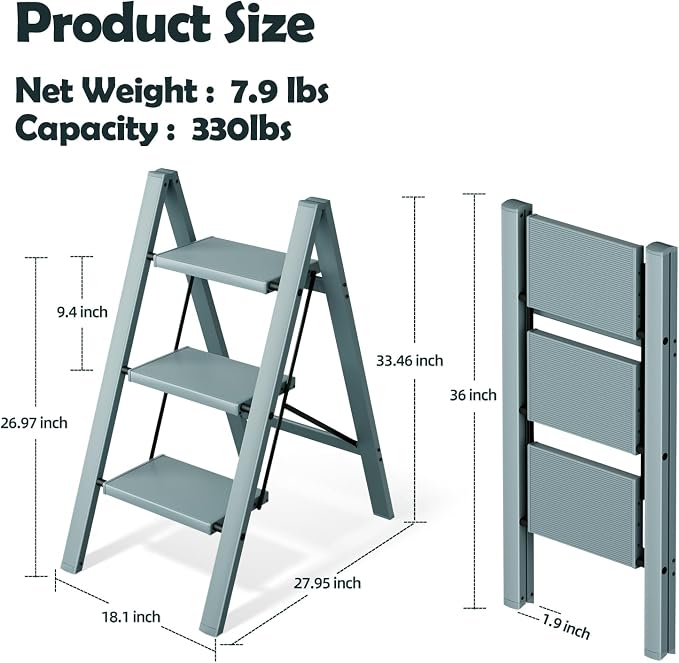 Taranta 3 Step Stool Foldable,Aluminum Step Ladder-Serene Blue | Lightweight,Wide Anti-Slip Pedals,Folding Step Stool,330lbs Capacity Stepladder for Household,Kitchen,Office
