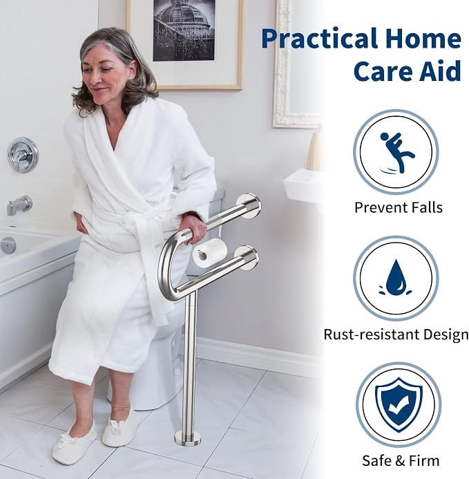 ZUEXT 24x28 Inch Chrome Knurled Toilet Grab Bar with Toilet Paper Holder | Wall to Floor, Anti-slip Handicap Grab Bar, Stainless Steel Bathroom Support Rail with Leg, For Elderly Disabled Pregnant