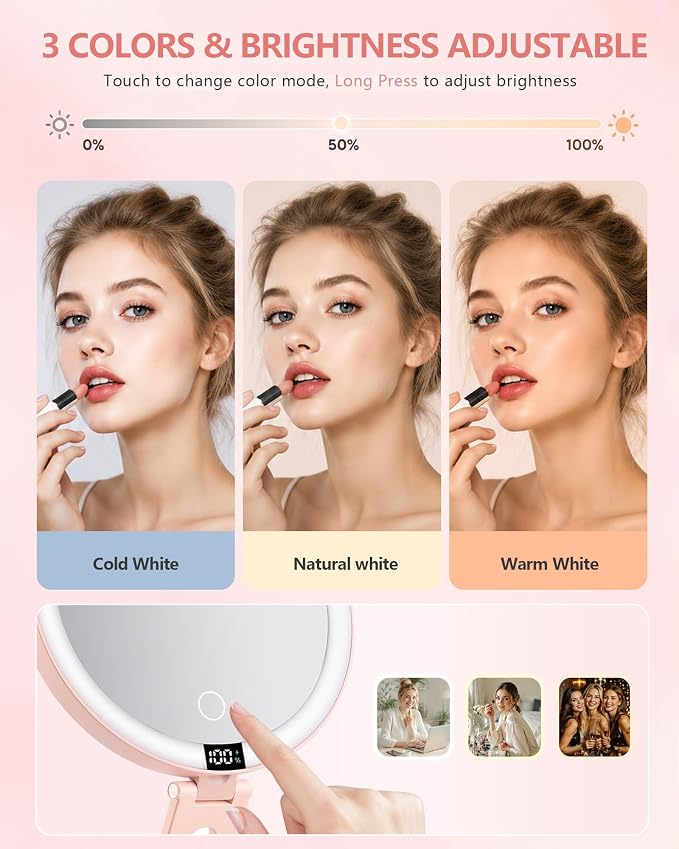 Foldable Travel Makeup Mirror with Lights 20X/1X Magnifying Mirror | Double-Sided Travel Magnifying Mirror With 3 Color Modes & Rechargeable,Dimmable Touch Screen, Smart Display