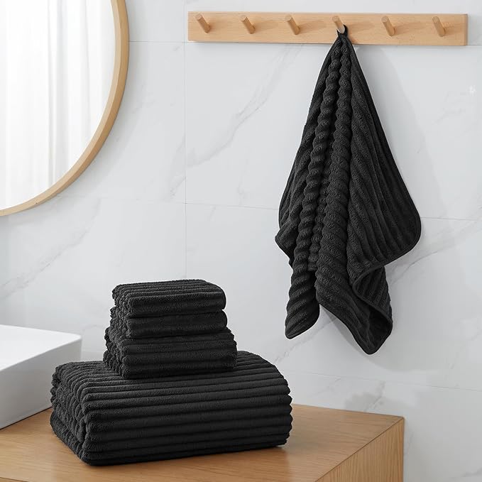 6 Piece Bath Towel Set, 40"x80" Oversized Bath Sheets, Black | Microfiber, Quick Dry, Highly Absorbent, Towels for Bathroom, 2 Extra Large Bath Towels, 2 Soft Hand Towels, 2 Washcloths
