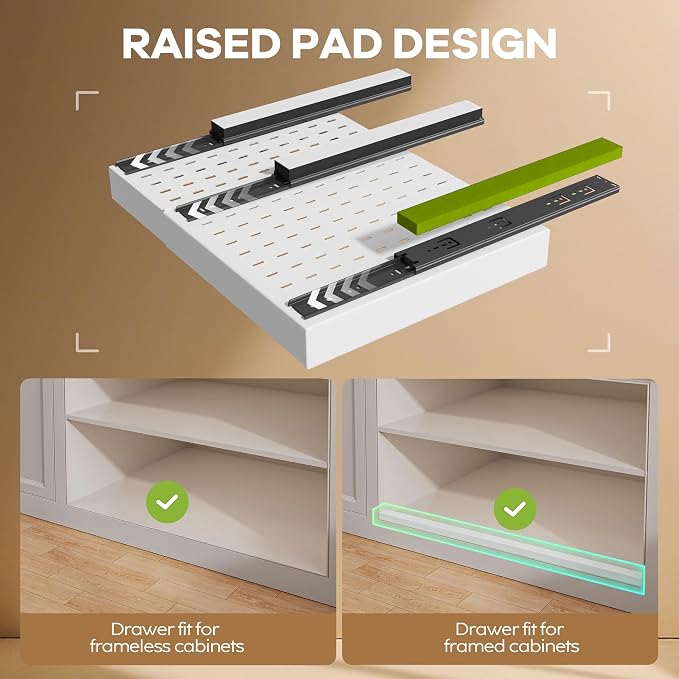 Seinloes 6 Pack Pull out Cabinet Organizer 21"Deep with Raising Pad for Framed Cabinets, Expandable Slide out Drawers for Kitchen Cabinets with 6pcs Divider Racks, Roll out Shelves 12.1"-20.4" W White