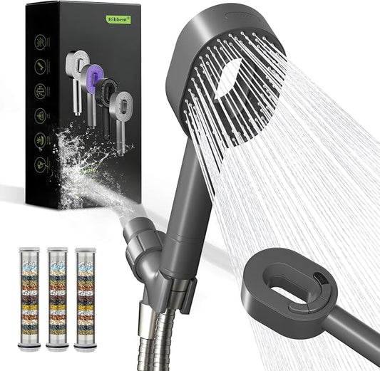 Hibbent Filtered Handheld Showerhead with 3 Filters, 5 Sprays Shower Head | Gray High Pressure Shower Heads, Brass Holder & 71" Metal Hose, Water Soft Filter Remove Chlorine, Reduce Dry Itchy Skin