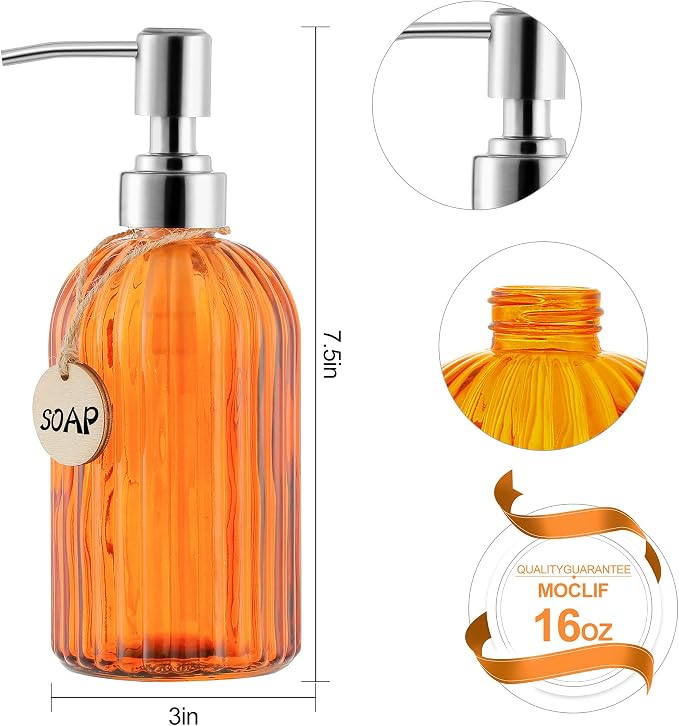 MOCLIF 16 OZ Soap Dispenser，Tempered Glass Clear Vertical Stripe with 304 Rust Proof Stainless Steel Pump Refillable Liquid Hand Soap Dispenser，for Bathroom, Kitchen, Dish Soap，Lotion (Orange)