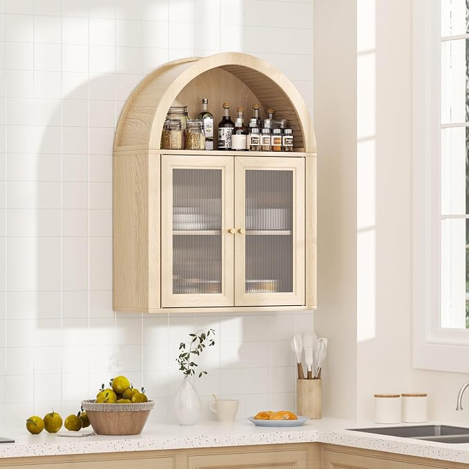 Medicine Cabinet with Arched Top, Bathroom Wall Cabinet Over Toilet with Wave Pattern Acrylic Doors and Removable Shelf, Roman Style Small Wall Cabinets for Kitchen, Living room, Laundry Room, Oak