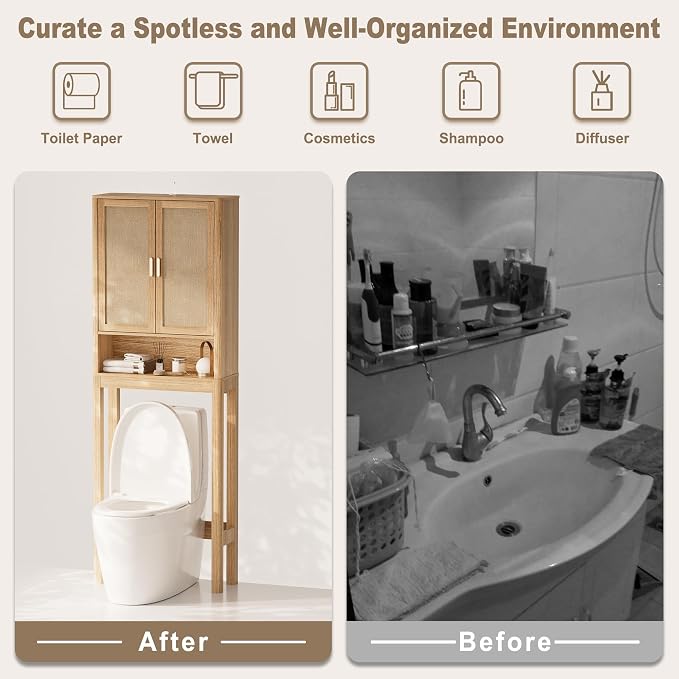 Over the Toilet Storage Cabinet, Bathroom Storage Cabinet with Rattan Doors, Bathroom Cabinet Over Toilet with Adjustable Shelf, Tall Freestanding Over Toilet Bathroom Organizer, Boho Natural Style